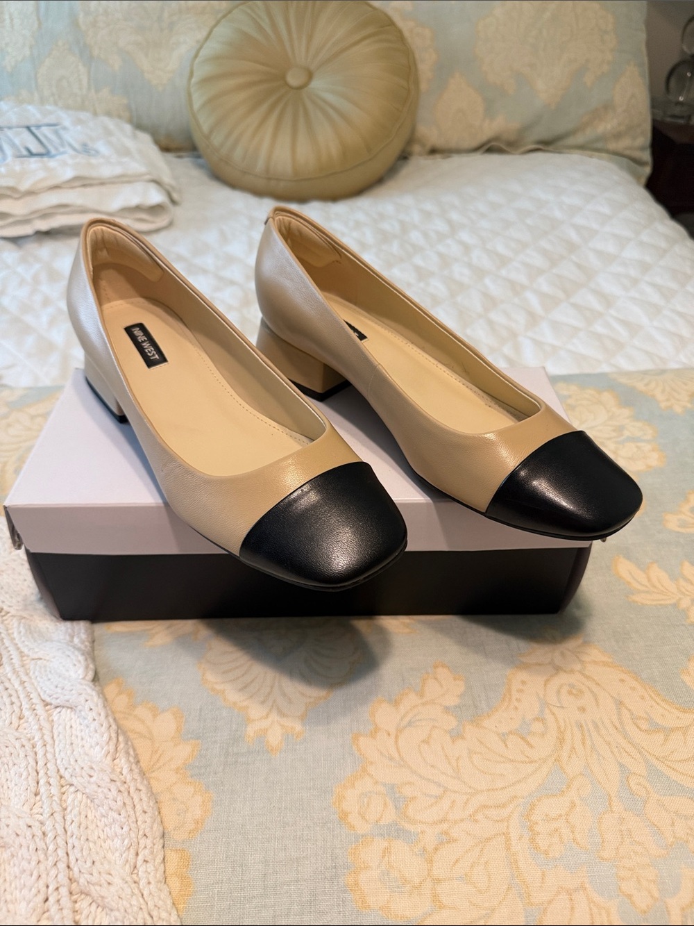 Nine West Two-Tone Low Block Heel Pumps in Beige and Black